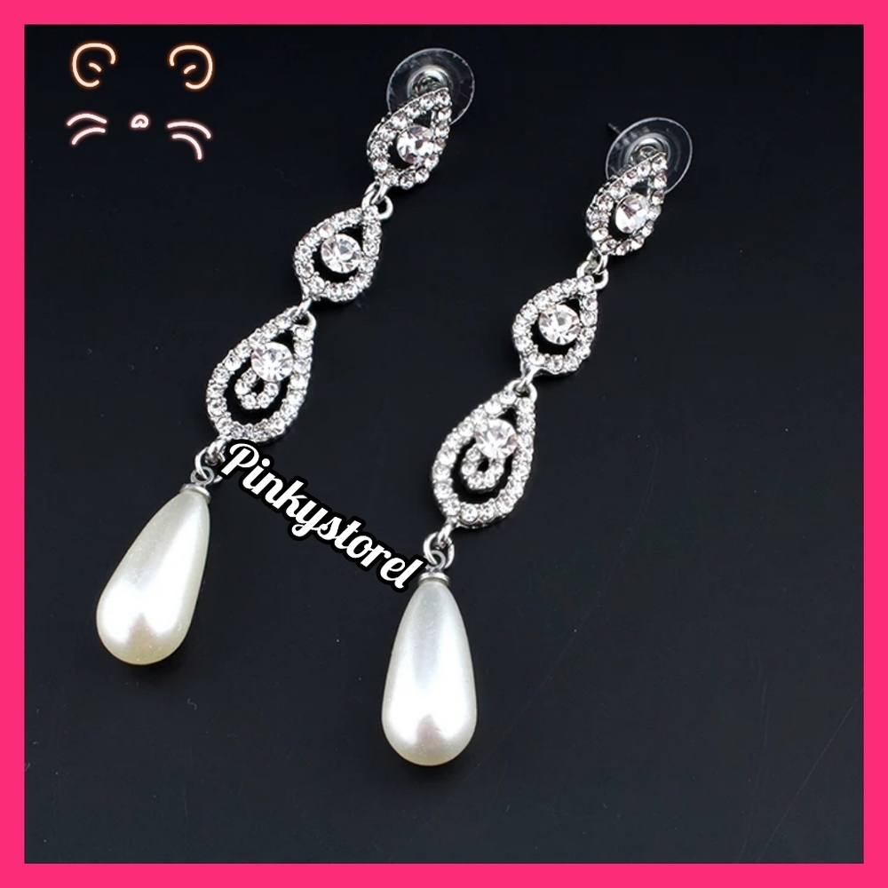 Crystal Pearl Bridal Earrings - Picture 7 of 9